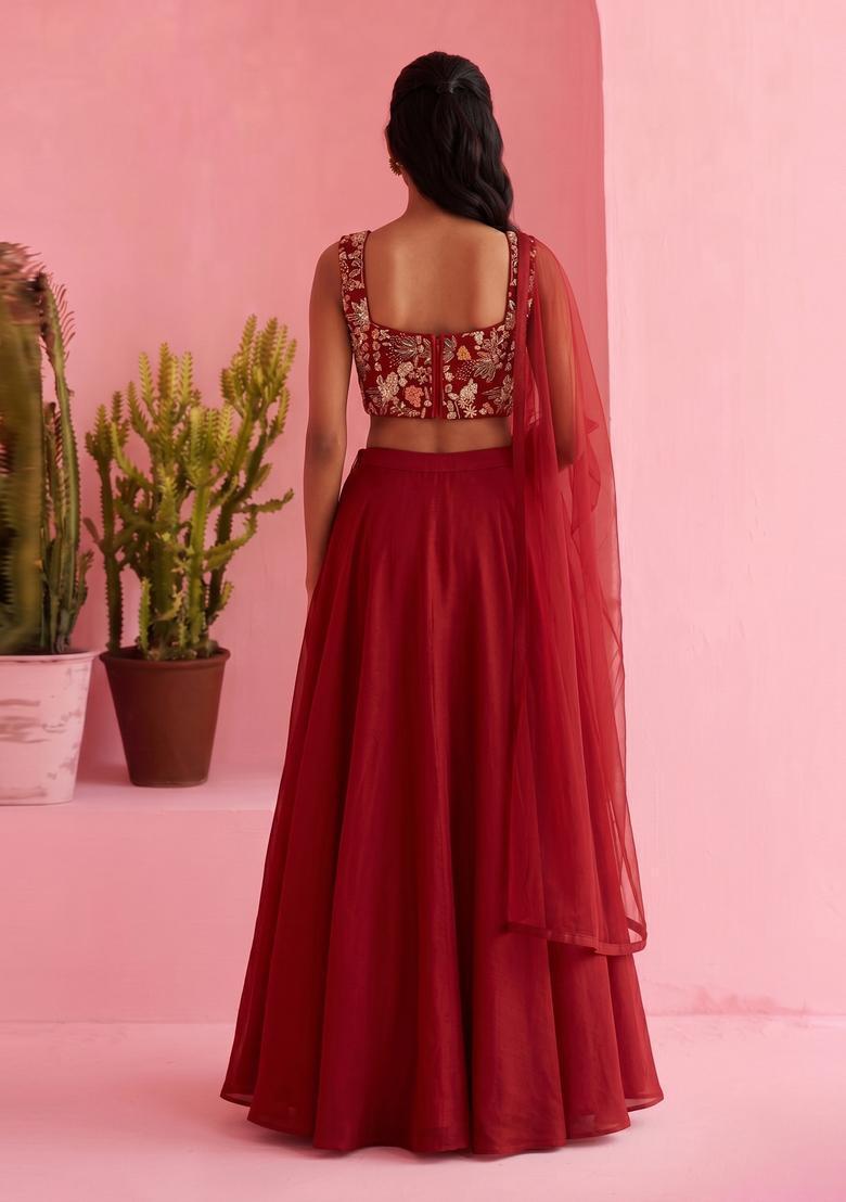 Red Embroidered Crepe Lehenga Set - Indya