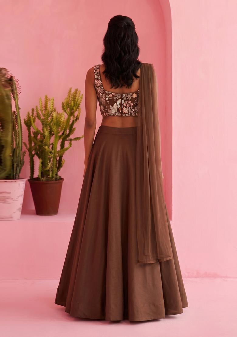 Brown Embroidered Crepe Lehenga Set - Indya
