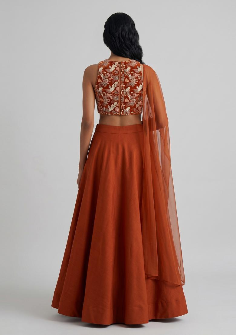 Rust Orange Embroidered Crepe Lehenga Set - Indya