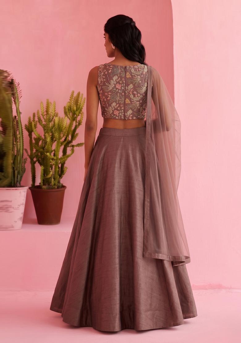 Mauve Embroidered Crepe Lehenga Set - Indya