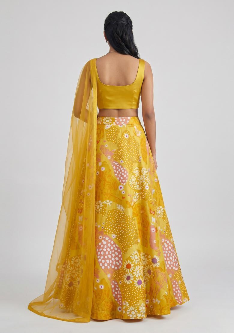 Mustard Yellow Printed Satin Lehenga Set - Indya