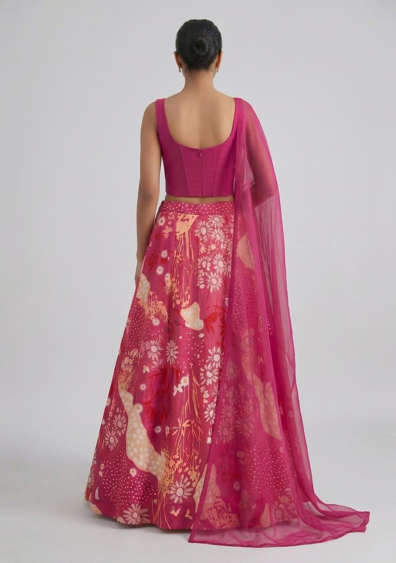 Magenta Printed Satin Lehenga Set - Indya