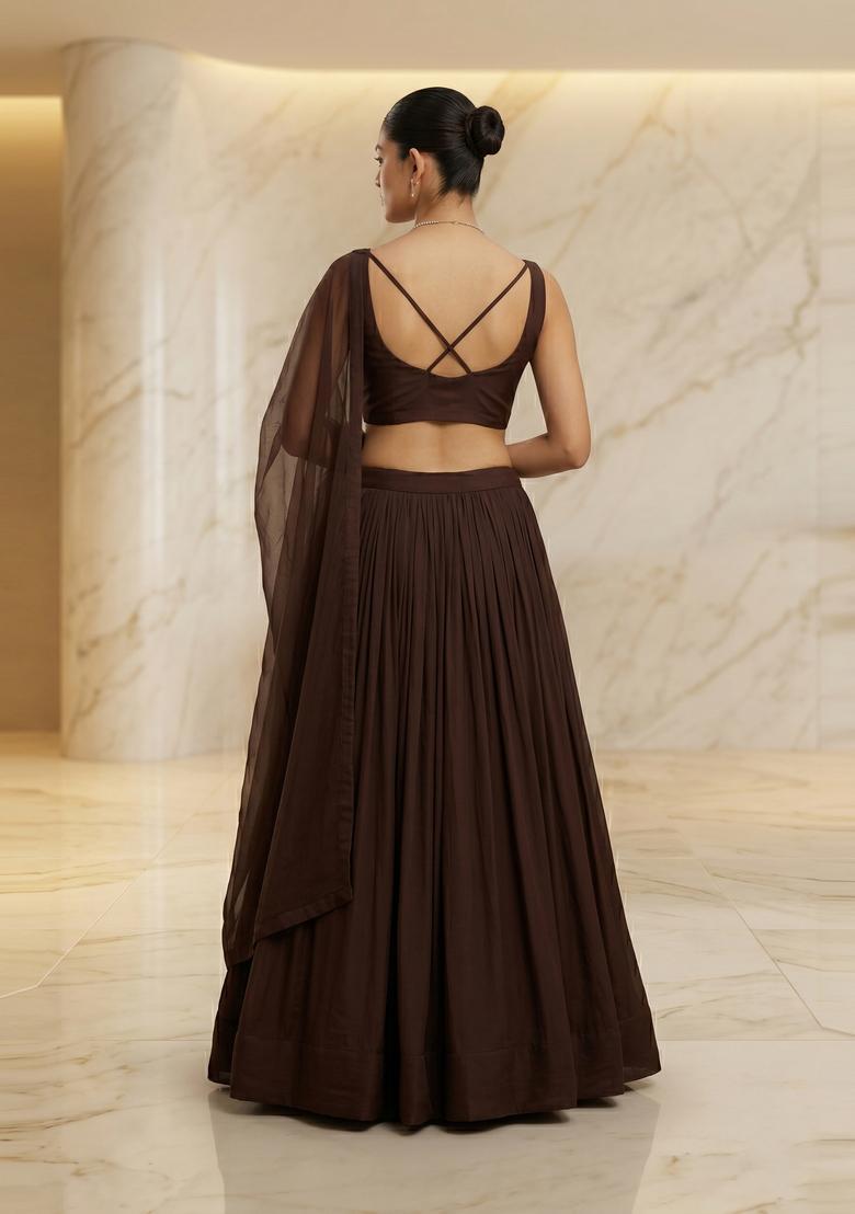 Dark Brown Handwork Lehenga Set - Indya