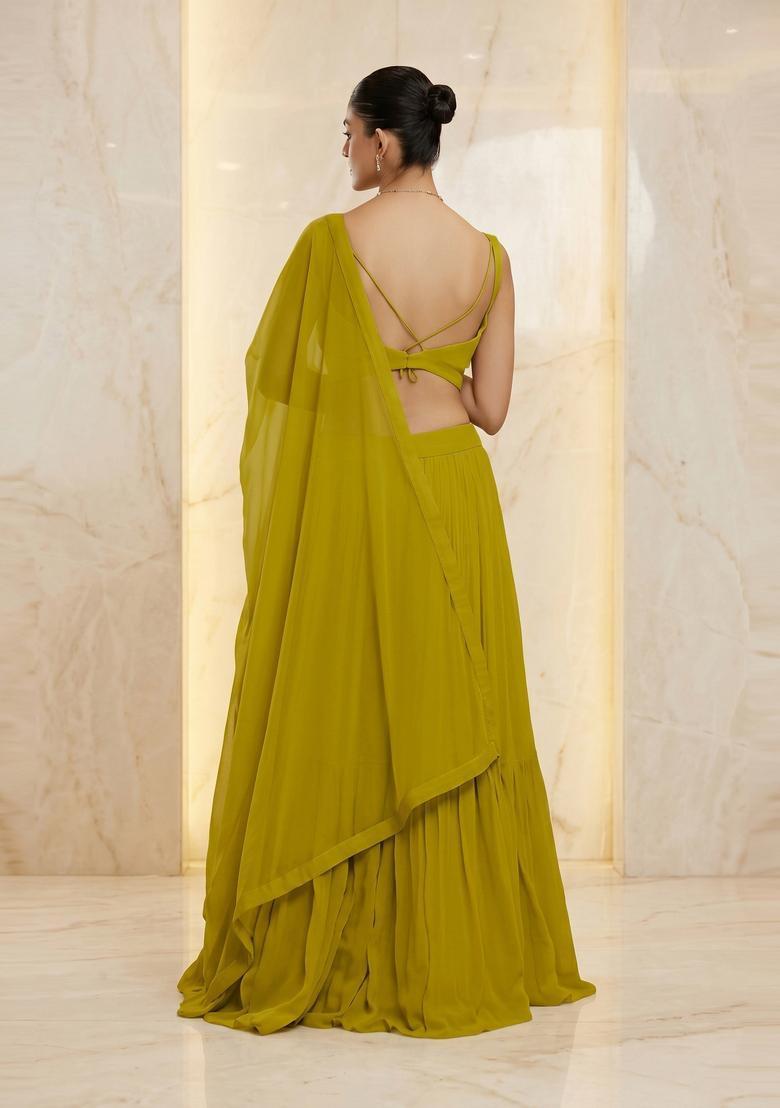Lime Green Handwork Lehenga Set - Indya