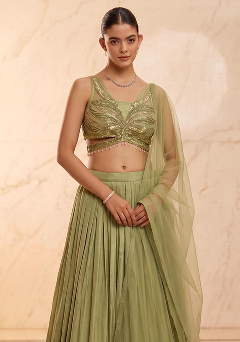 Olive Green Handwork Lehenga Set - Indya