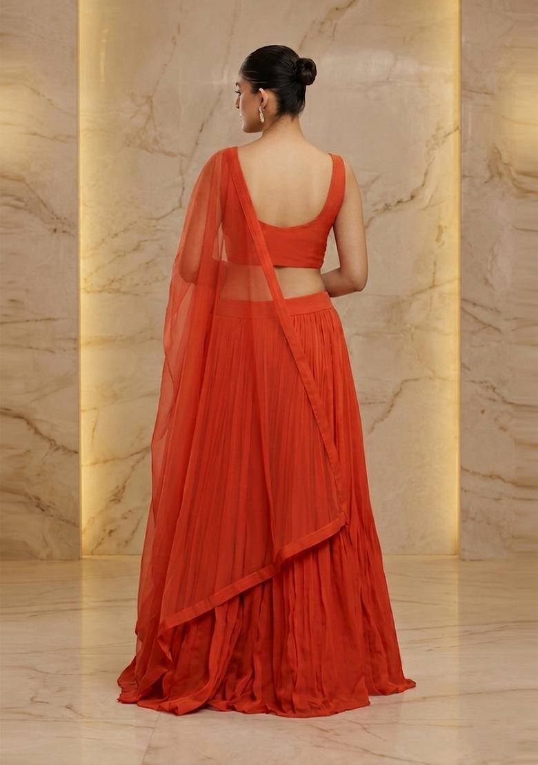 Rust Orange Handwork Lehenga Set - Indya