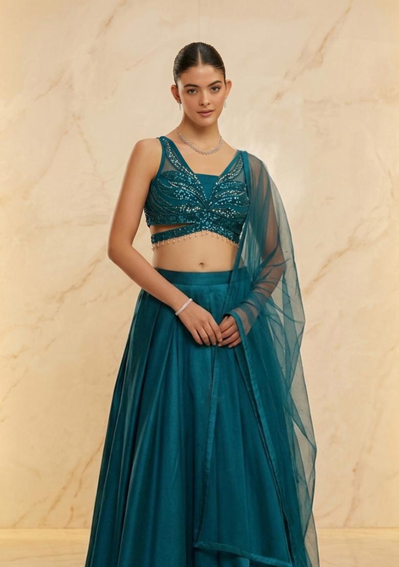 Teal Blue Handwork Lehenga Set - Indya