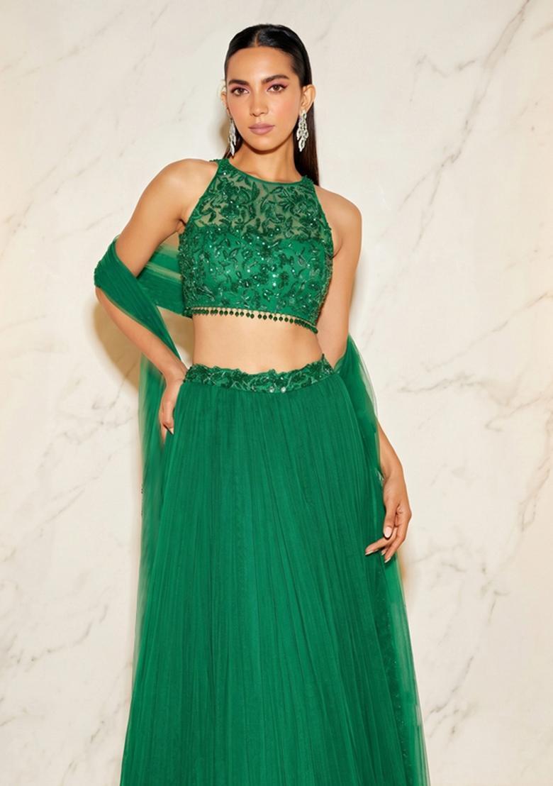 Emerald Green Handwork Lehenga Set - Indya
