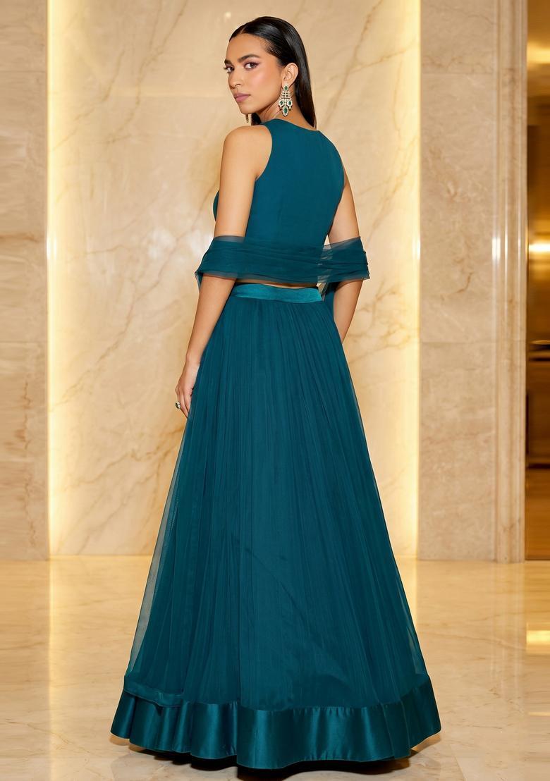 Teal Blue Handwork Lehenga Set - Indya