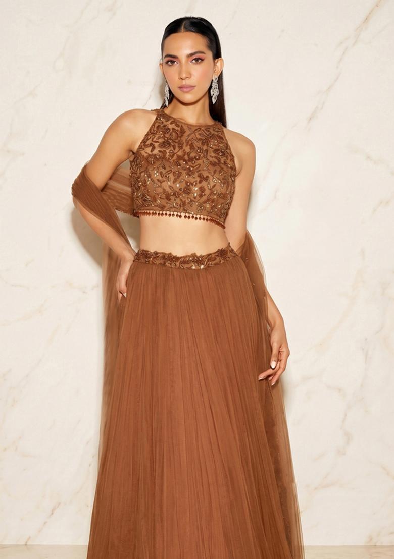 Brown Handwork Lehenga Set - Indya