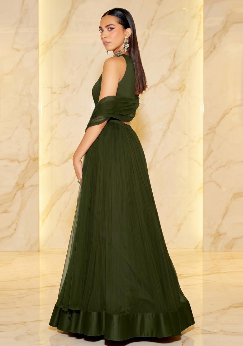 Olive Green Handwork Lehenga Set - Indya