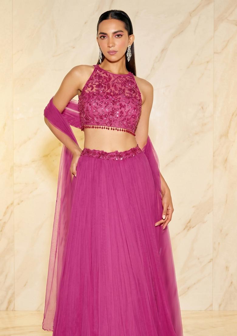 Magenta Handwork Lehenga Set - Indya