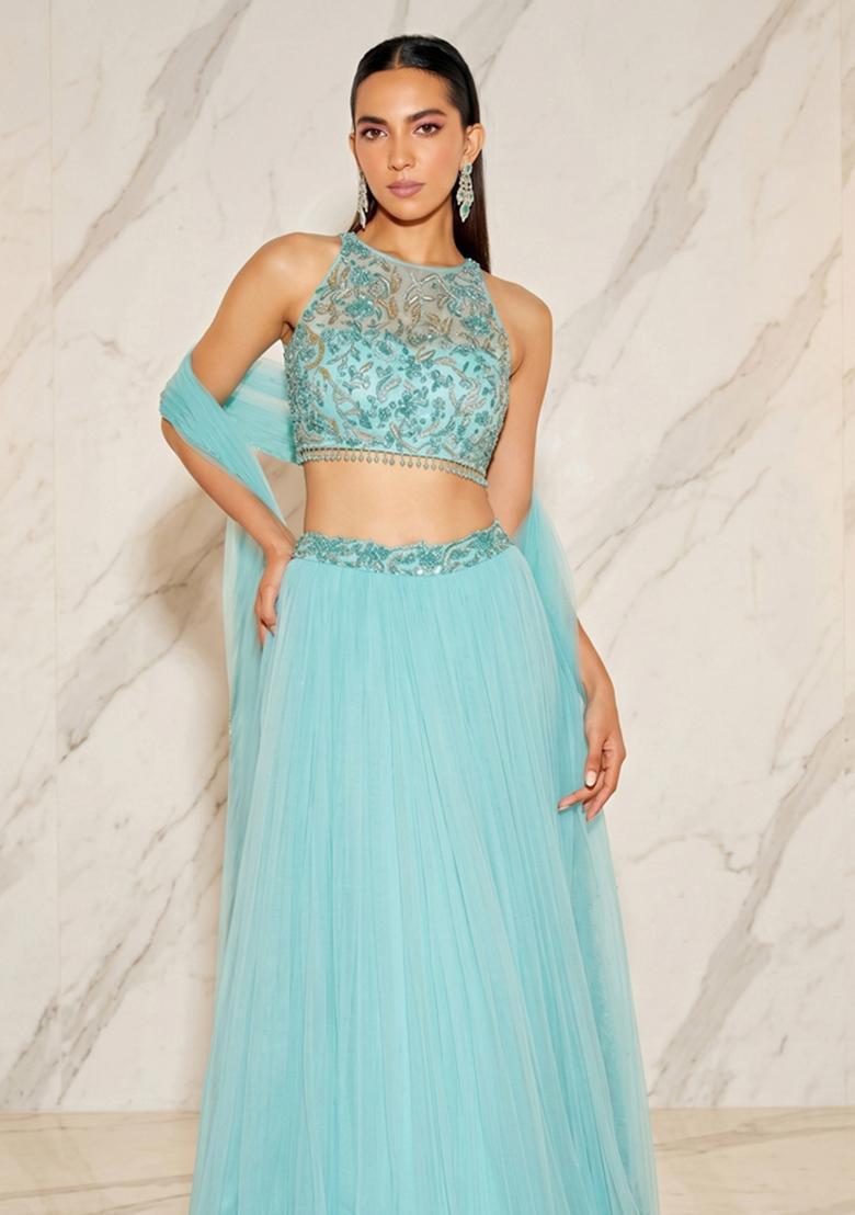 Turquoise Blue Handwork Lehenga Set - Indya