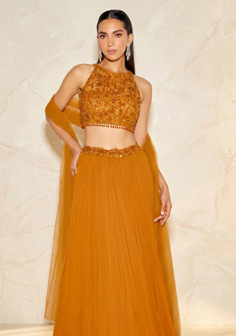 Mustard Yellow Handwork Lehenga Set - Indya