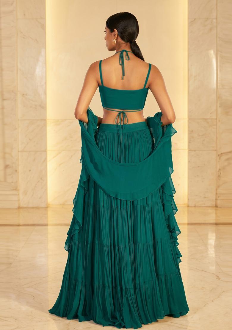 Emerald Green Handwork Lehenga Set - Indya