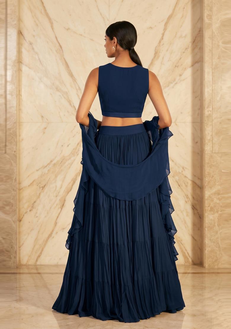 Navy Blue Handwork Lehenga Set - Indya