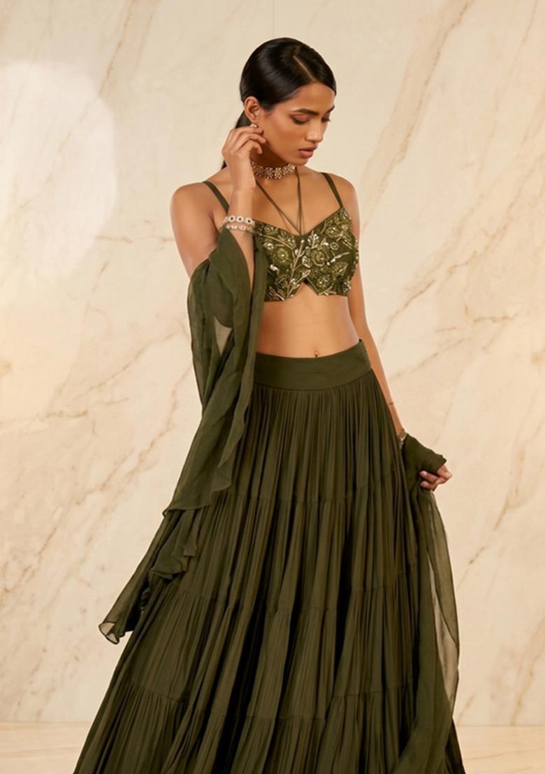 Olive Green Handwork Lehenga Set - Indya