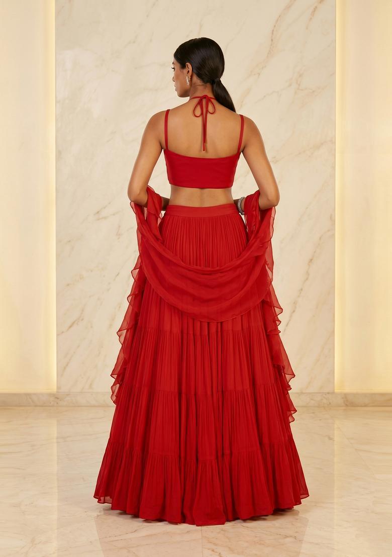 Red Handwork Lehenga Set - Indya
