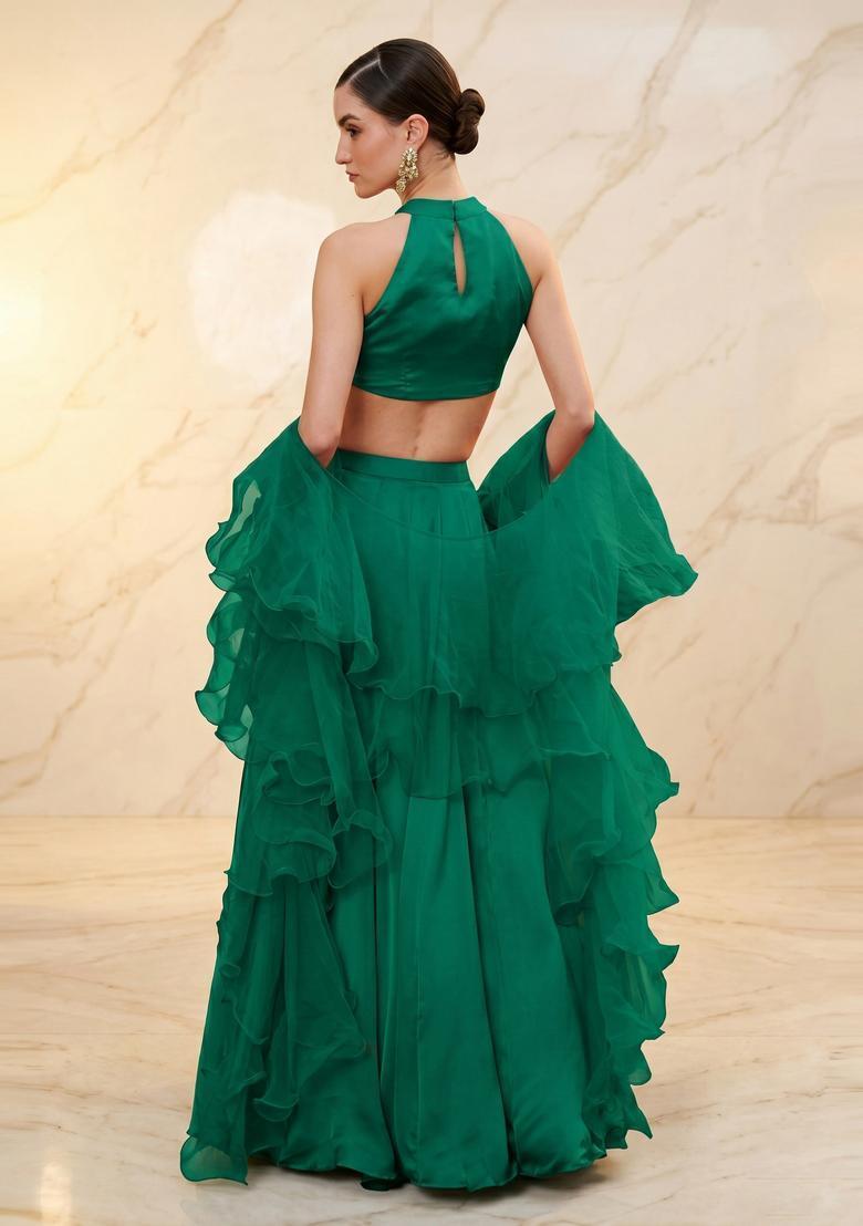 Emerald Green Handwork Lehenga Set - Indya
