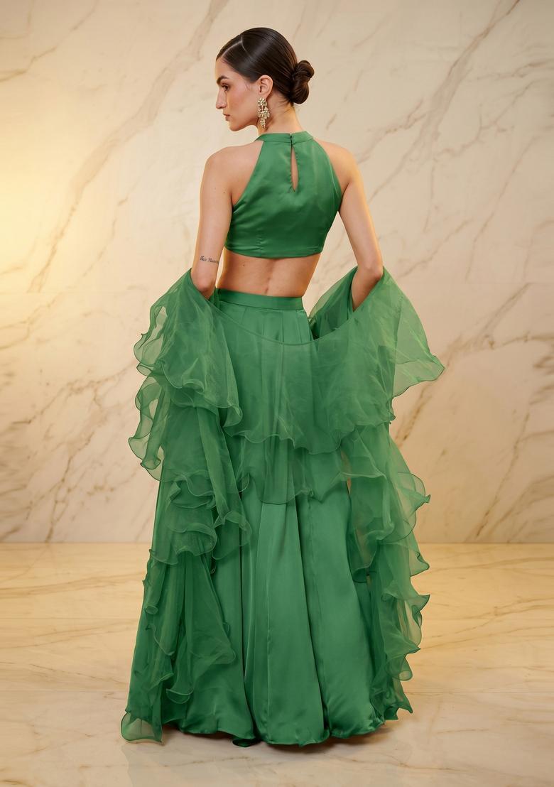 Emerald Green Handwork Lehenga Set - Indya
