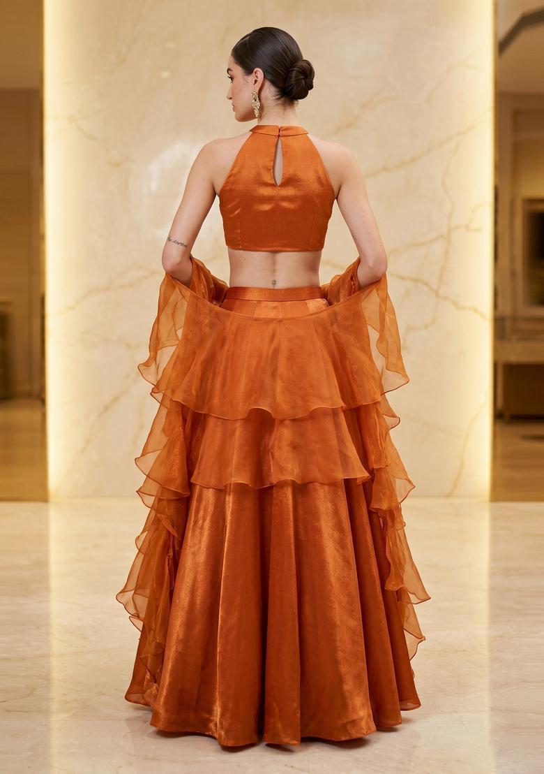 Burnt Orange Handwork Lehenga Set - Indya