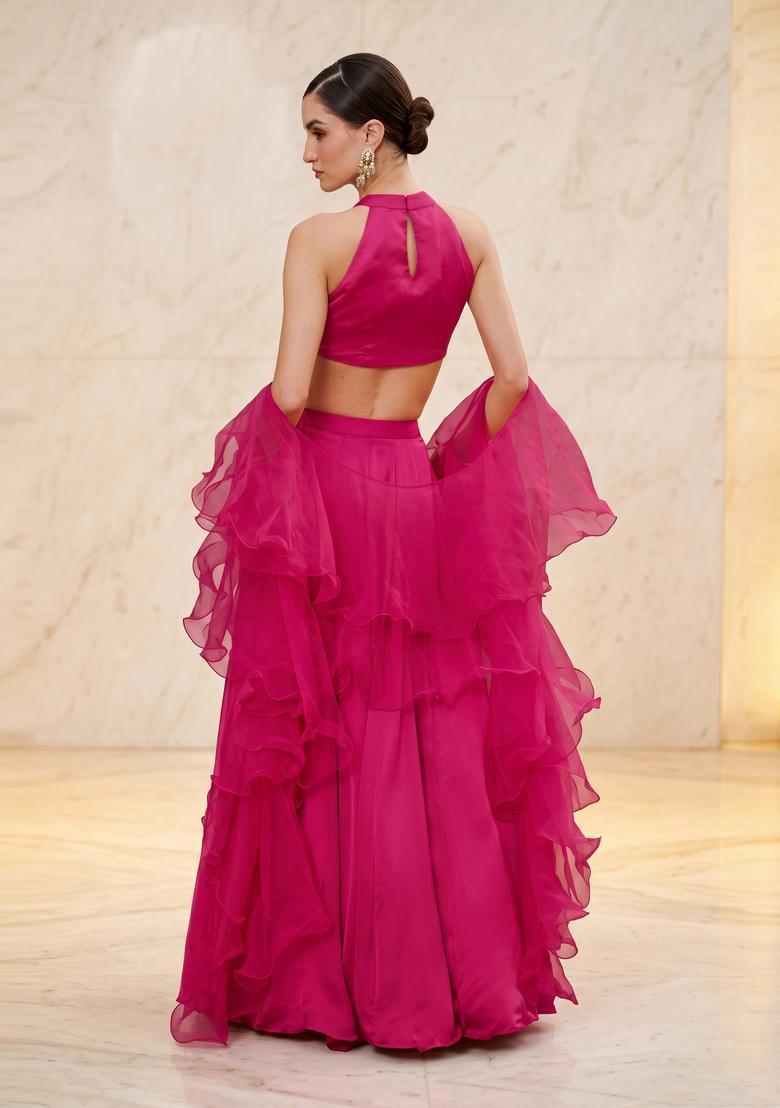 Fuchsia Pink Handwork Lehenga Set - Indya