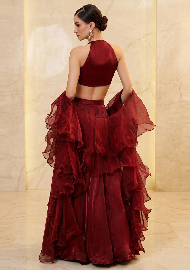 Deep Red Handwork Lehenga Set - Indya