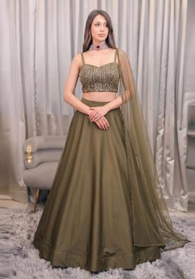 Brown Embroidered Net Lehenga Set