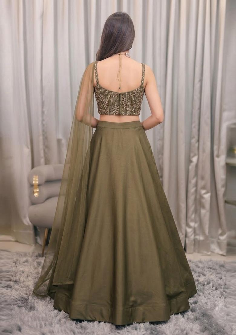 Brown Embroidered Net Lehenga Set - Indya