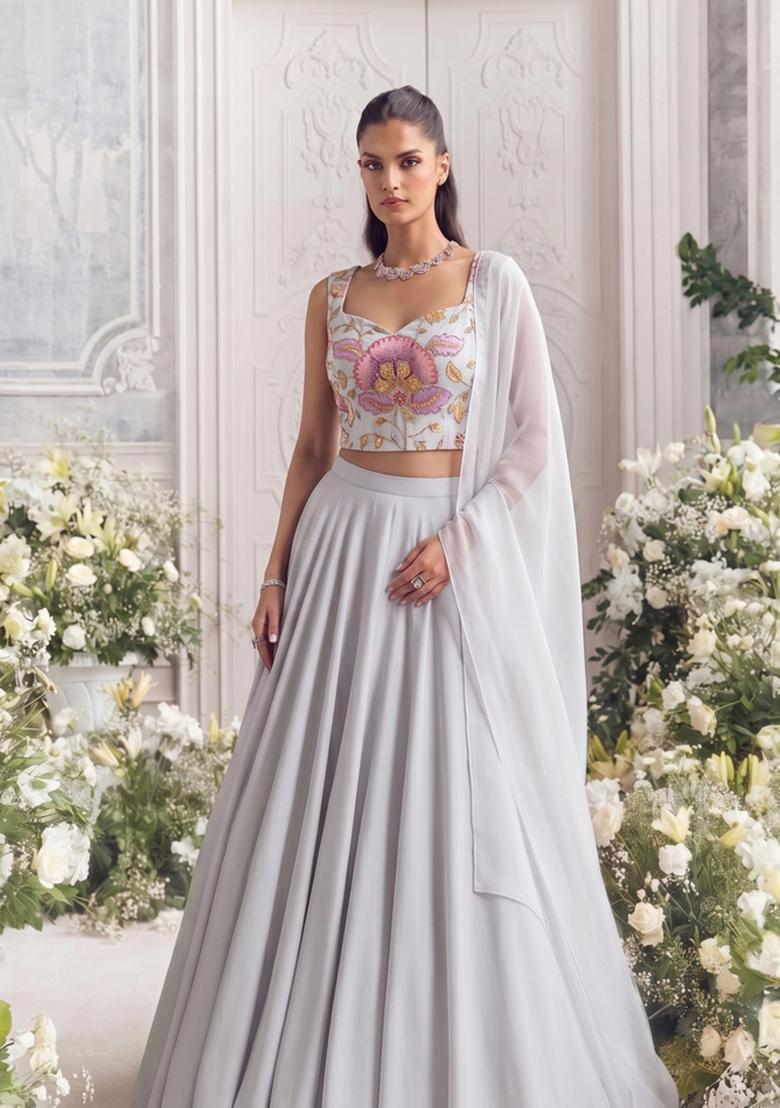 Lilac Printed Organza Lehenga Set - Indya