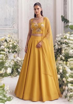 Mustard Printed Organza Lehenga Set