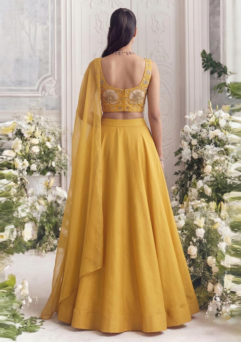 Mustard Printed Organza Lehenga Set - Indya