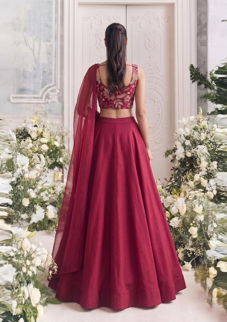 Maroon Embroidered Organza Lehenga Set - Indya