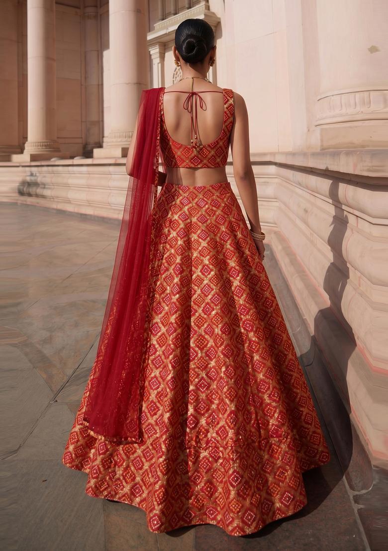Crimson Red Georgette Lehenga Set - Indya