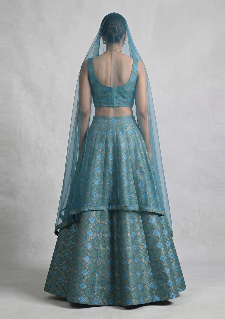 Teal Blue Georgette Lehenga Set - Indya