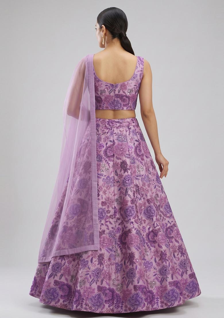 Lavender Printed Silk Blend Lehenga Set - Indya