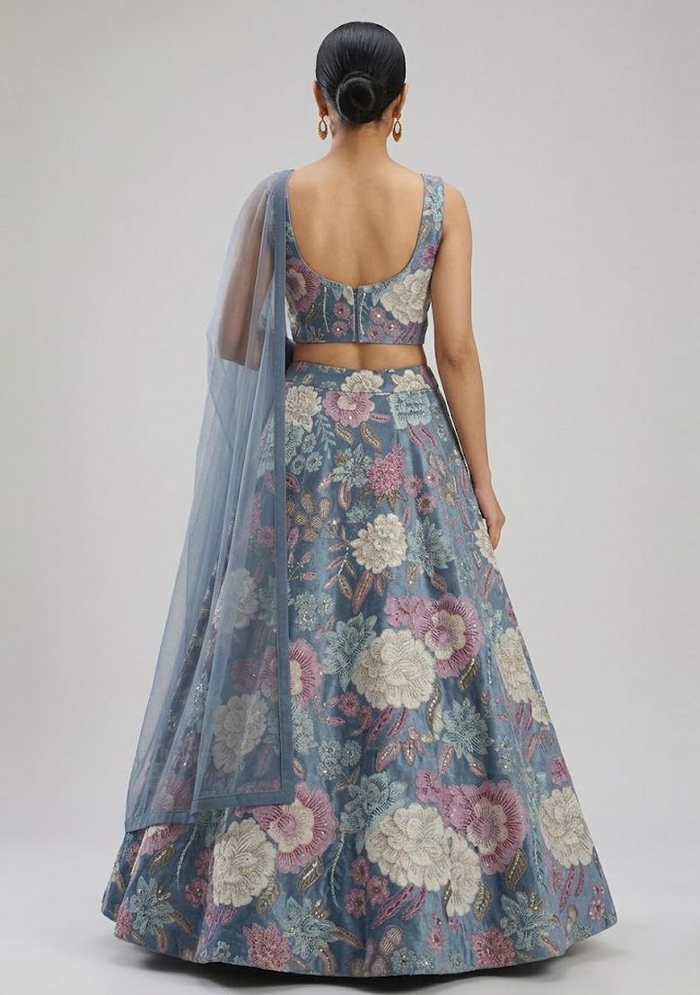 Pastel Blue Printed Silk Blend Lehenga Set - Indya