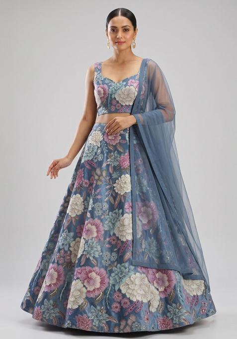 Pastel Blue Printed Silk Blend Lehenga Set