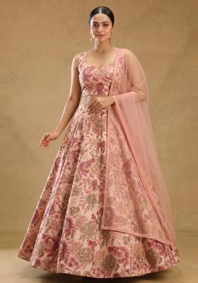 Peach Printed Silk Blend Lehenga Set