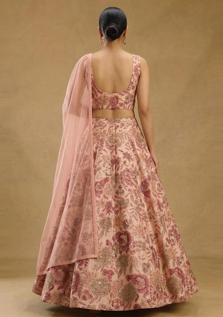 Peach Printed Silk Blend Lehenga Set - Indya