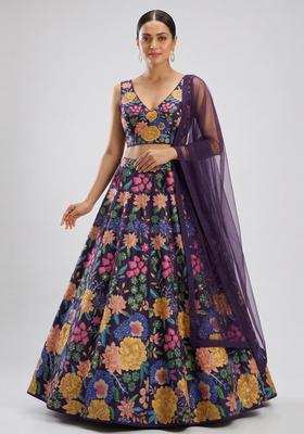 Deep Purple Printed Silk Blend Lehenga Set