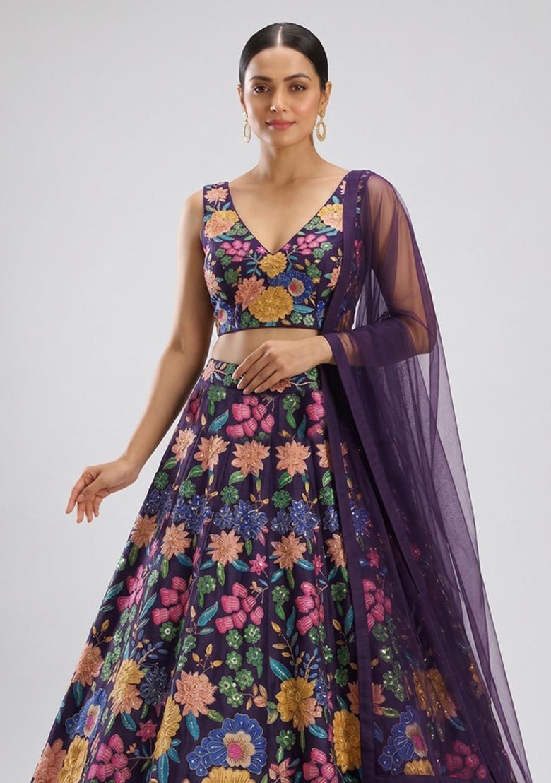Deep Purple Printed Silk Blend Lehenga Set - Indya