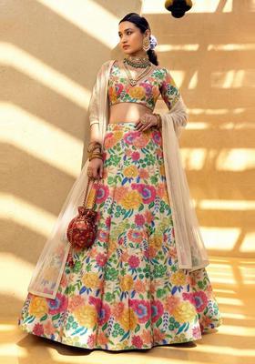 Cream Printed Silk Blend Lehenga Set