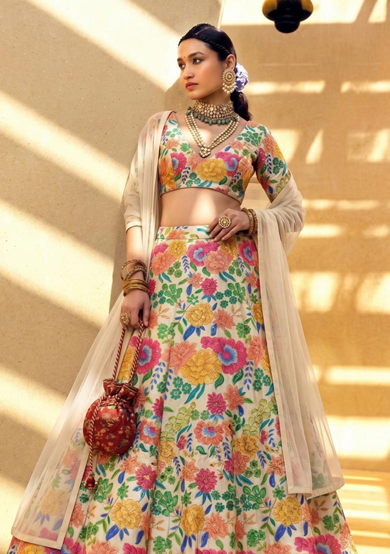 Cream Printed Silk Blend Lehenga Set - Indya