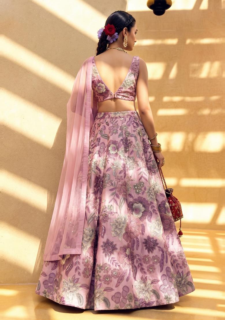 Lavender Pink Printed Silk Blend Lehenga Set - Indya