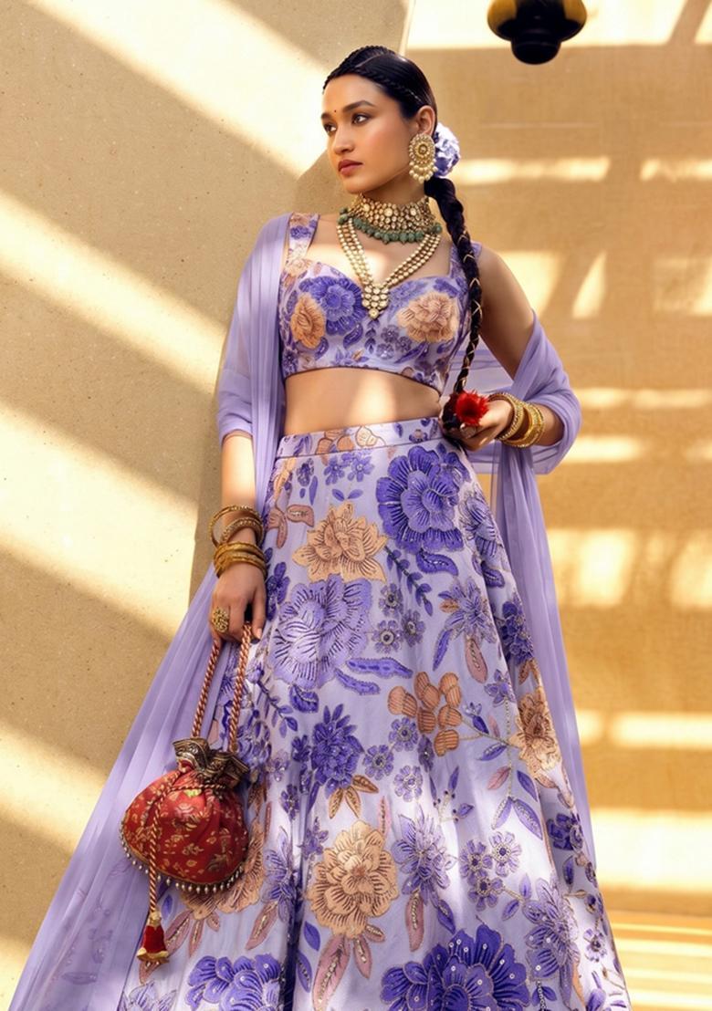 Lavender Printed Silk Blend Lehenga Set - Indya