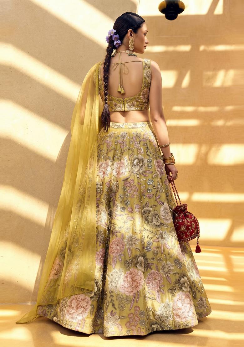 Yellow Printed Silk Blend Lehenga Set - Indya