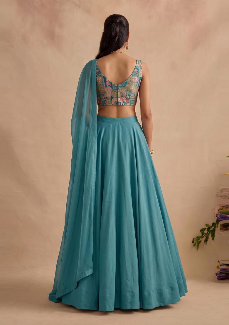 Teal Blue Silk Blend Lehenga Set - Indya