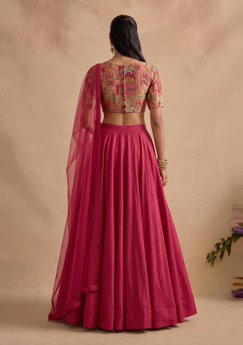 Dark Pink Silk Blend Lehenga Set - Indya