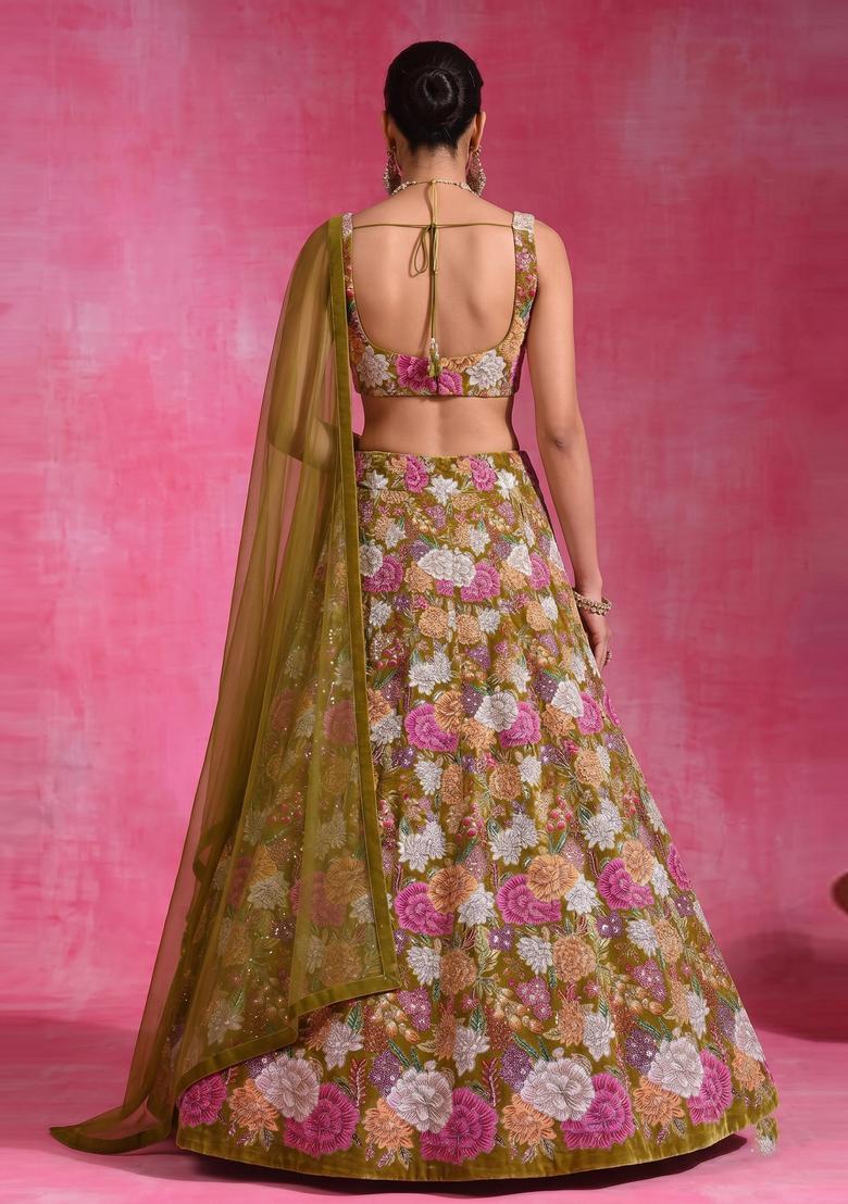 Mustard Printed Crepe Lehenga Set - Indya